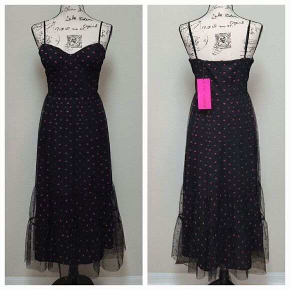 💋 BETSEY JOHNSON Lip Print Tiered Sweetheart Black Dress SIZES 12 NWT - Picture 4 of 13